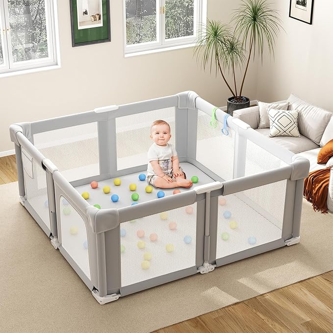 Foldable Baby Playpen, 51" Playpen for Babies and Toddlers with Mat Ocean Balls and Pull Links, Play Pen with Soft Breathable and Visible Mesh, Indoor and Outdoor Portable Play Pen, Gray