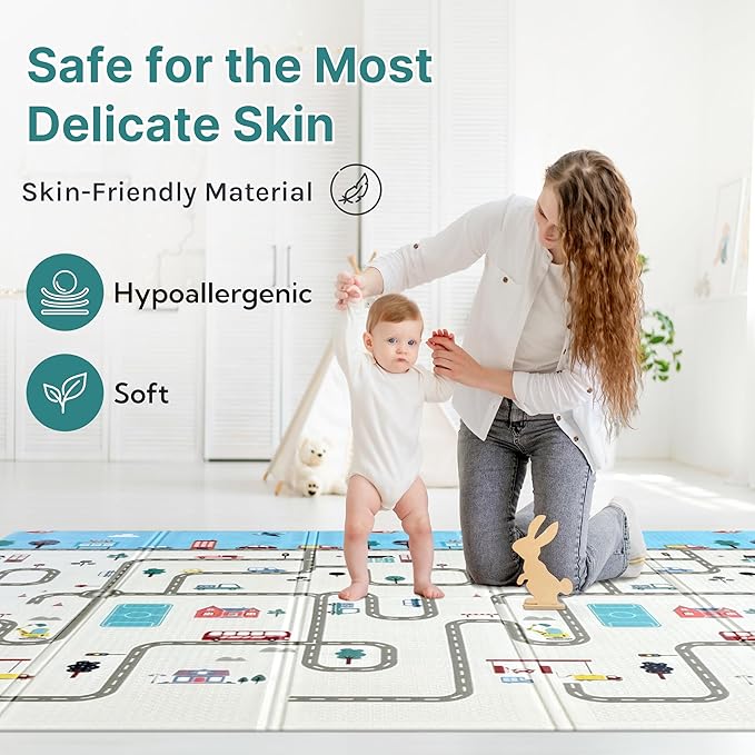 Foldable Baby Play Mat, Extra Large, Non-Toxic, Waterproof Activity Playmats for Babies, Education for Infant, Non-Slip Double Sided (79”x71” 0.6 in Milky) Boys and Girls