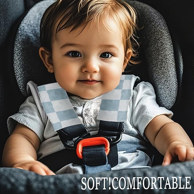 Carseat Strap Covers for Babies, Ultra Soft Double-Sided Use Shoulder Covers, 2 Pack Infant Seat Belt Covers for Car Seats/Strollers/High Chairs, for Baby Toddler Infant Boy Girl, Blue Checkered