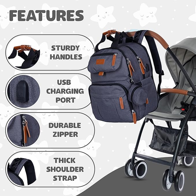 Expandable Diaper Bag Backpack for Baby Boy & Girl – 26-32L Large Capacity Travel Diaper Bag with Insulated Pockets, Changing Pad & Stroller Straps – Dark Grey