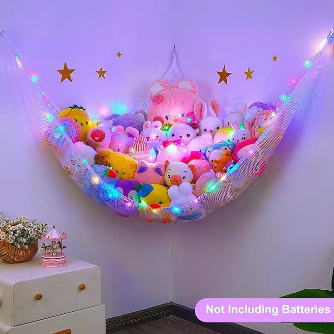 Unicorn Castle Stuffed Animals Net or Hammock Kids Toy Storage Organizer with LED Light Hanging Corner Stuffed Animals Holder Kids Girls Room Decor (Pack of 1)