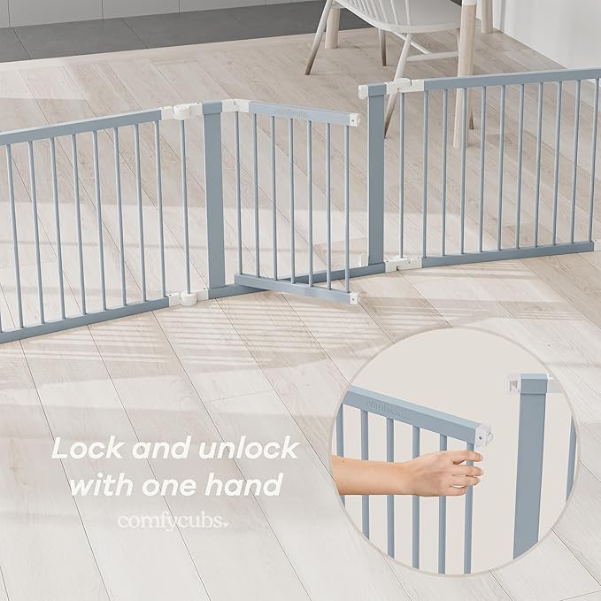 Comfy Cubs Baby Gate Playpen - 57 x 57 x 25 in, Extends Up to 228” - Pine Wood Foldable Playpen with Child-Proof Lock - Easy Assembly Baby Fence Play Area for Babies & Toddlers - Pacific Blue