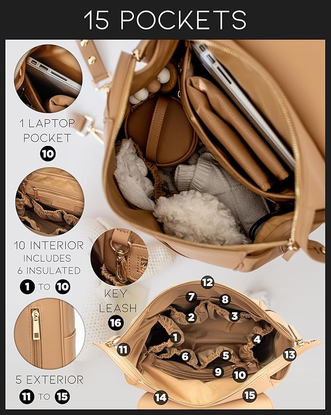 MIA + SOPHIA Leather Diaper Bag Backpack with USB Charging port, Changing Pad, Stroller Straps, and Bottle Holder (Brown Olivia)