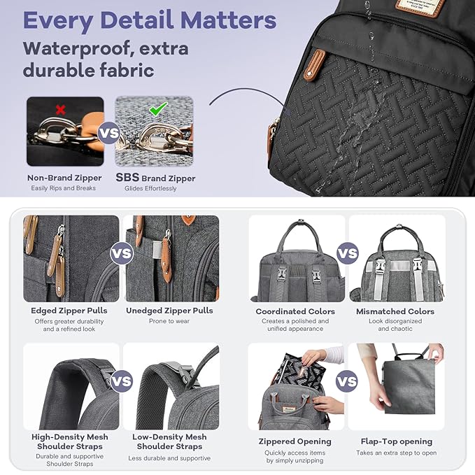 RUVALINO Diaper Bag Backpack, Multifunction Travel Pack Maternity Baby Changing Bags, Large Capacity, Waterproof, Black