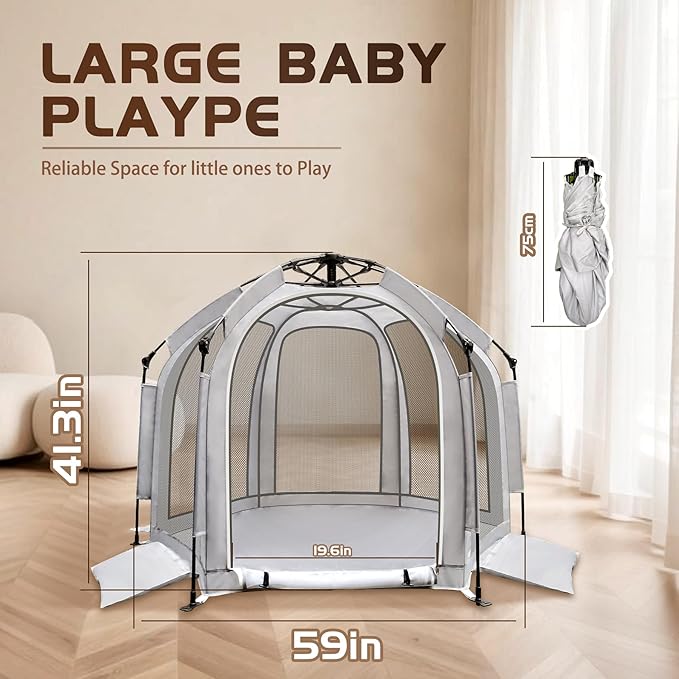 Baby Playpen with Canopy, Portable Baby Beach Tent, Toddler Play Yard Indoor and Outdoor, Foldable Mosquito Net for Infant - Grey