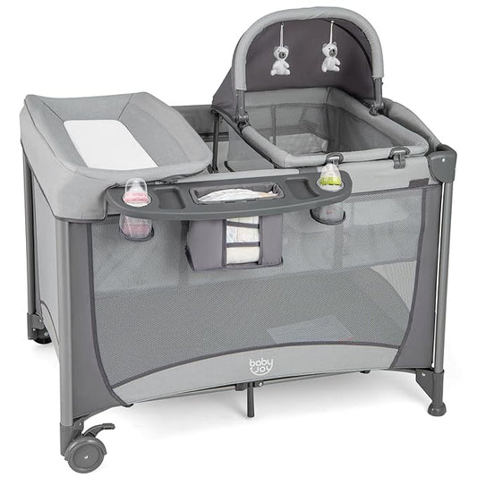 BABY JOY 4 in 1 Pack and Play, Portable Baby Playard with Bassinet & Diaper Changing Table, Infant Bassinet Baby Crib Activity Center with Toys & Oxford Bag from Newborn to Toddlers (Grey, Classic)