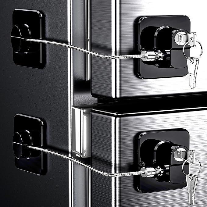 4 Pack Refrigerator Locks with Keys for Kids, Toddlers and Adults, Self Adhesive Child & Baby Proofing Fridge Latch for Double Door, French Door, Cabinets and Drawers, Oven, Windows (Patent)