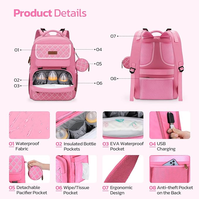 Maelstrom Large Diaper Bag,29L-45L Expandable Diaper Bag Backpack for 2 Kids/Twins Baby Stuff, with Removable Cross Body Bottle Bag for Mom/Dad, Stylish Baby Bag Gift for Boys/Girl-Pink