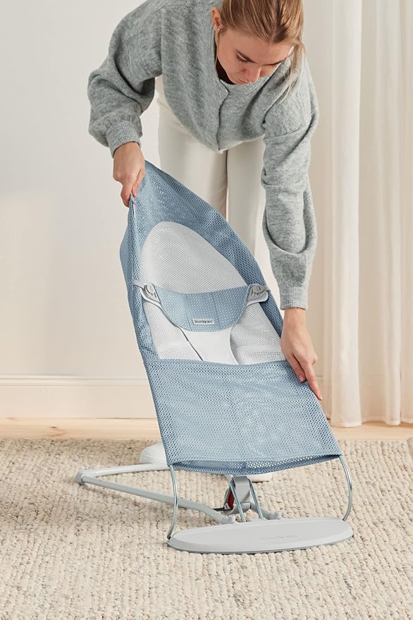 BabyBjörn Bouncer Balance Soft, Light Grey Frame, Mesh, Sky Blue/White, 2-in-1 Adjustable Baby Bouncer Seat and Toddler Chair, Newborn to Toddler (8-29 lbs), 4 Positions, Lightweight & Portable