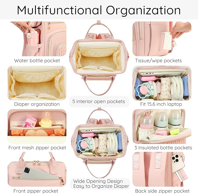 AIJIEKE Diaper Bag, Large Wide-Open Baby Diaper Backpack, Multi-functional Baby Travel Tote Bag, Diaper Bag with Changing Pad, Diaper Bags for Mom & Maternity (Pink)