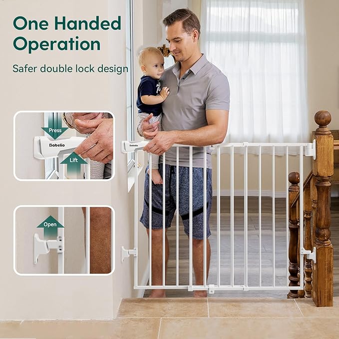 Babelio Baby Gate for Stairs, Kitchen & Doorways, 26-41" W 28" H No Bottom Bar| Easy Installation| One-Handed Operation| Auto-Close| Hardware Mount Safety Dog/Pet Gate Indoor (White)