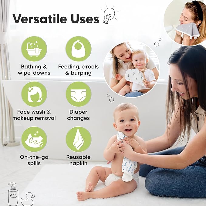 6-Pack Cotton Baby Washcloths for Newborn - Organic Cotton Muslin Soft Wash Cloths for Babies, Infant, Kids, Toddler Towels for Boy, Girl, Super Absorbent Face Cloths, Scratch-free Baby Rags (Vessels)