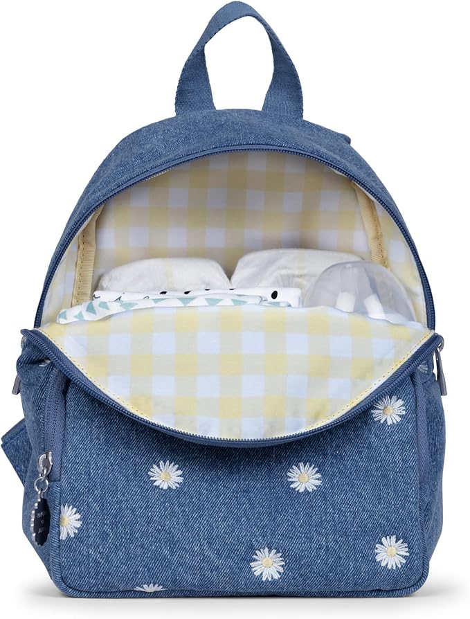 JuJuBe Mini Diaper Bag Backpack, Machine Washable Travel Backpack w/Adjustable Straps & 2 Pockets for Baby Bottles, Diapers, Pacifiers, Snacks, Changing Pad & Daily Essentials, Denim & Daisies (Blue)