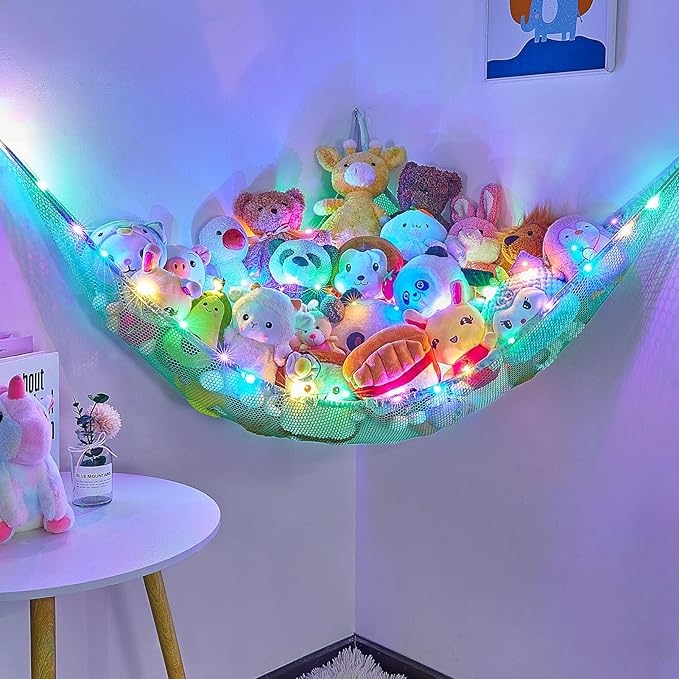 Unicorn Castle Stuffed Animals Net or Hammock Kids Toy Storage Organizer with LED Light Hanging Corner Stuffed Animals Holder Kids Girls Room Decor (Pack of 1)