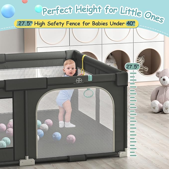 Tolead Foldable Playpen for Babies and Toddlers, 72" x 59" Extra Large Collapsible Play Pen with Basket, 4 Handlers & 50 Ocean Balls, Portable Travel Play Yard with Carry Bag, No Installation, Grey