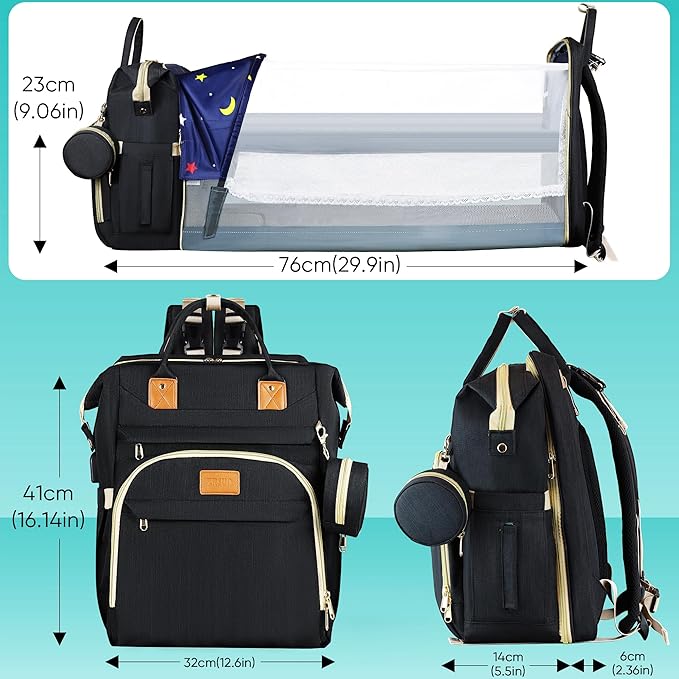 Diaper Bag Backpack for Mom and Dad, Large Capacity Baby Travel Bag with USB Charging Port, Waterproof Foldable Baby Bag for Boys and Girls, Stylish Maternity Backpack for Travel & Hospital,Black