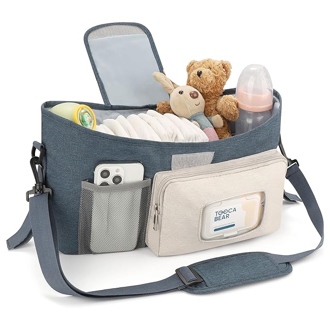 Accmor Universal Stroller Organizer with Insulated Cup Holder, Stroller Caddy Bag Accessories, Stroller Cup Holder Organizer for Uppababy Baby Jogger Britax Stroller, Blue