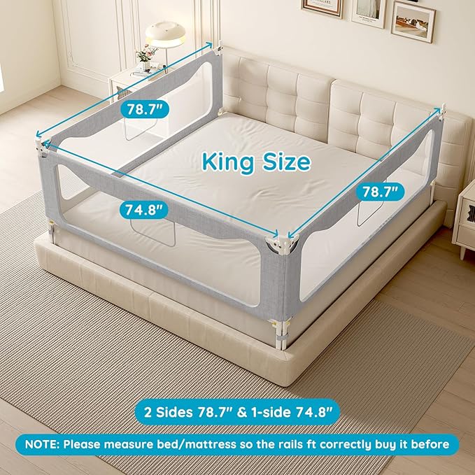 King Size Toddler Bed Rail: 3-Side Protection Bedrail for King Bed - Extral Tall Adjustable Child Safety Side Railing Guards for Infants Kids Child(78.7x78.7X 74.8')