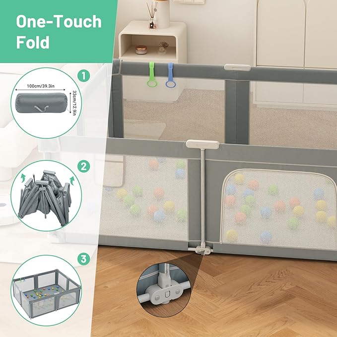 Baby Playpen with Mat for Babies and Toddlers, 73" x 61" Large Baby Play Pen Playard for Indoor & Outdoor with Soft Breathable Mesh, Ocean Balls and Pull Links, Dark Grey