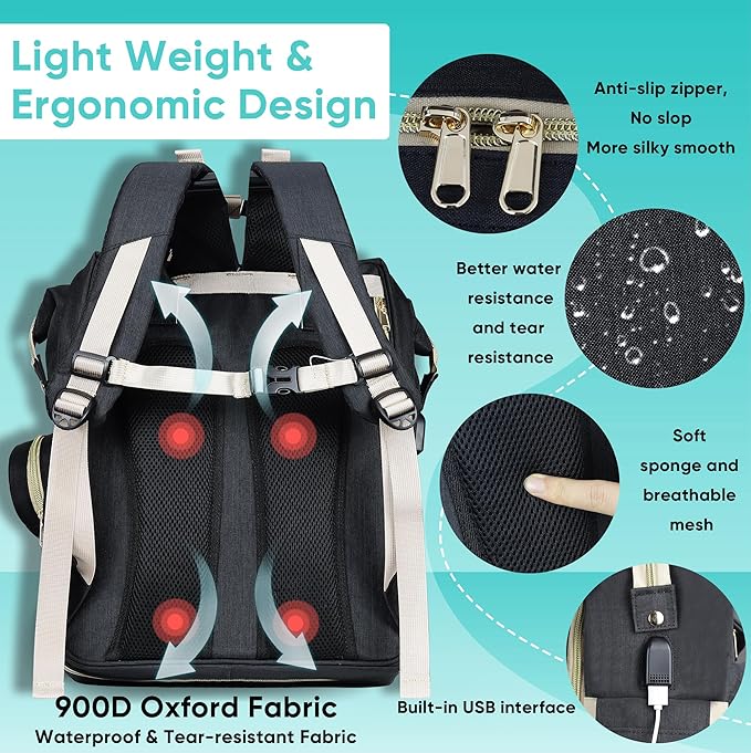 Diaper Bag Backpack for Mom and Dad, Large Capacity Baby Travel Bag with USB Charging Port, Waterproof Foldable Baby Bag for Boys and Girls, Stylish Maternity Backpack for Travel & Hospital,Black