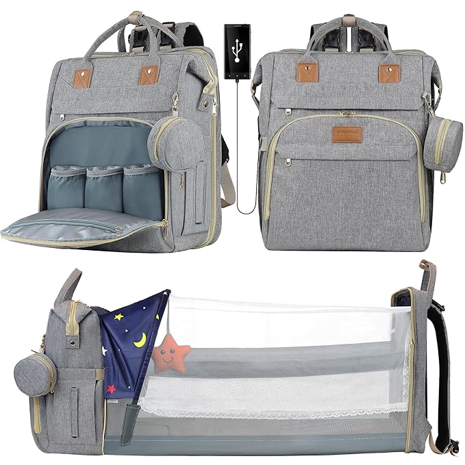 Diaper Bag Backpack for Mom and Dad, Large Capacity Baby Travel Bag with USB Charging Port, Waterproof Foldable Baby Bag for Boys and Girls, Stylish Maternity Backpack for Travel & Hospital,Grey