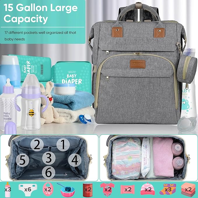 Diaper Bag Backpack for Mom and Dad, Large Capacity Baby Travel Bag with USB Charging Port, Waterproof Foldable Baby Bag for Boys and Girls, Stylish Maternity Backpack for Travel & Hospital,Grey