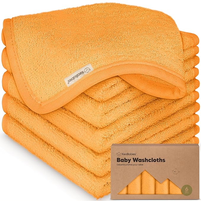 6-Pack Soft Baby Washcloths, Viscose from Bamboo - Kids, Newborn Bath Towels, Infant Shower, Toddler Reusable Face Towel, Gentle on Skin, Face Wash Cloths for Babies, 10x10 (Carrot)
