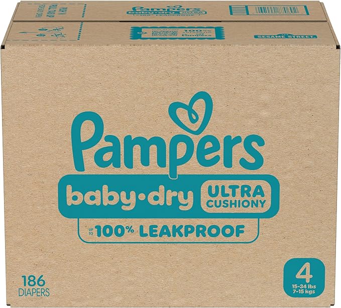 Pampers Diapers - Baby Dry - Size 4, 186 Count, Absorbent Disposable Infant Diaper (Packaging May Vary)
