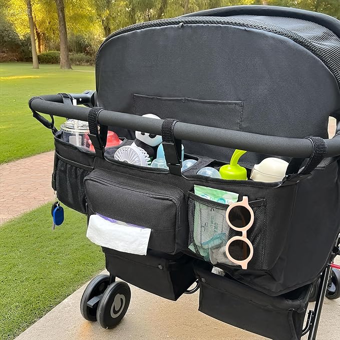 Double Stroller Organizer for Bob Duallie and Baby Jogger City Mini GT2, Double Jogging Stroller Caddy with 2 Insulated Cooler Pockets & Detachable Bag