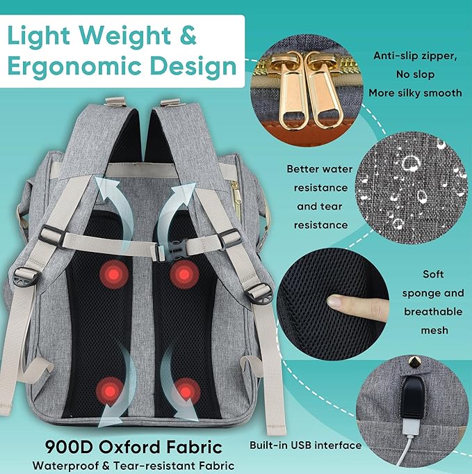 Diaper Bag Backpack for Mom and Dad, Large Capacity Baby Travel Bag with USB Charging Port, Waterproof Foldable Baby Bag for Boys and Girls, Stylish Maternity Backpack for Travel & Hospital,Grey