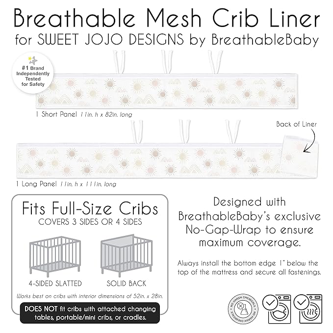 Sweet Jojo Designs + BreathableBaby 2-Piece Breathable Mesh Crib Liner Set (Blush Pink and Mauve Boho Desert Sun) for Girls, Baby, Infants/Newborn Nursery (Bohemian, Watercolor, Mountains, Minimalist)