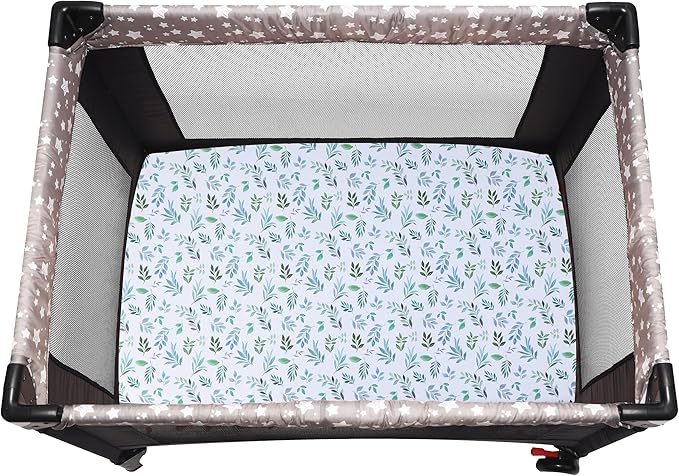 Pack and Play Sheets Fitted, 2 Pack Pack n Play Sheets for Graco Pack n Play Mattress, Unisex Playard Sheets for Boys Girls(Leaf & Green, 38 X 26 Inch)