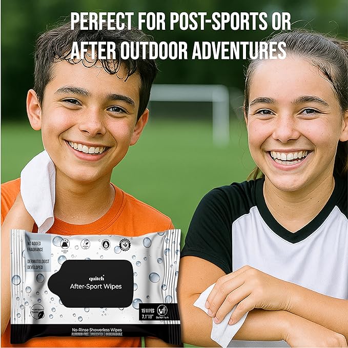 Quitch After-Sport Wipe Unscented Shower-Free Cloth for Kids & Baby, Rinse-Free Body-Wipe, Aluminum-Free Natural Deodorant, Non-Toxic Sensitive Skin Towelettes, Travel-Friendly, Back to School