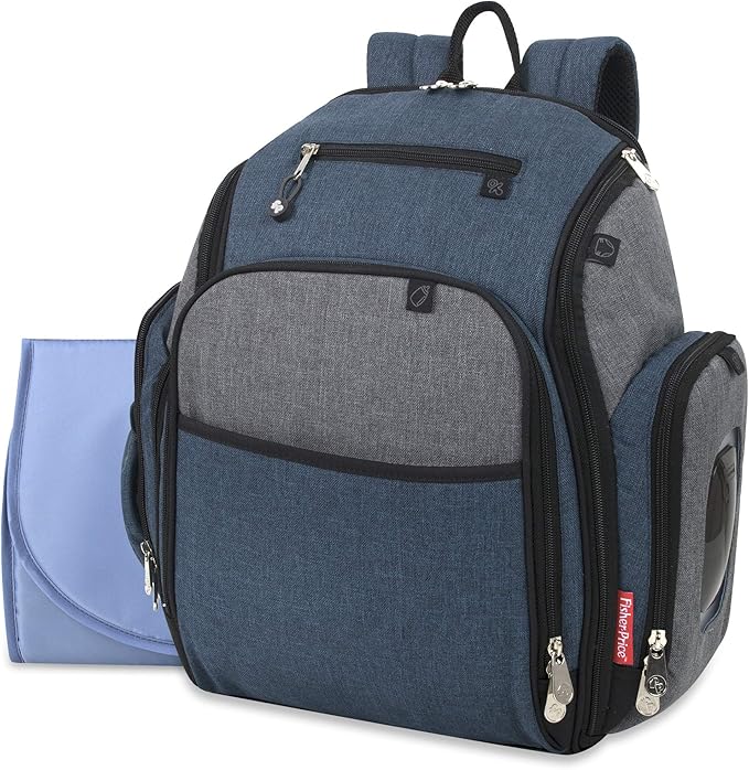 Fisher-Price Fastfinder 3 Piece Set Diaper Bag Backpack for Moms & Dads with Changing Pad and Wipes Pocket (Blue)