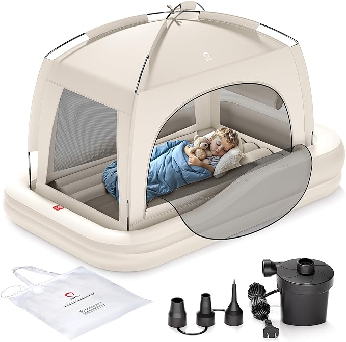 QPAU Inflatable Toddler Travel Bed with Tent, Baby Crib Tent, Portable Kids Air Mattress with Safety Bumpers, Ideal for Home, Grandma's, Camping, Traveling -Includes Fast Electric Pump (Khaki)