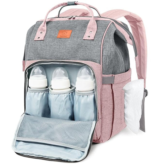 KeaBabies Baby Diaper Bag Backpack - Large Baby Bag for Boys, Girls, Waterproof Multi Function Travel Diaper Backpack with Changing Pad, Durable Travel Essentials for Moms and Dads (Pink Gray)