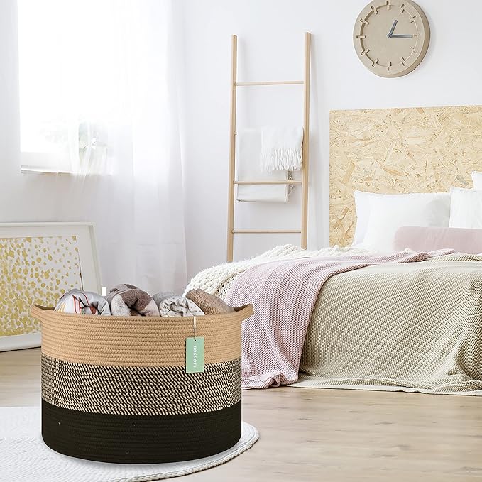 Extra Large Blanket Basket 87L, Laundry Hamper, Baby Nursery Hamper for Storage Toys Clothes Towels, Large Cotton Rope Laundry Basket for Girls Boys, 22”x 14”, Brown & Black