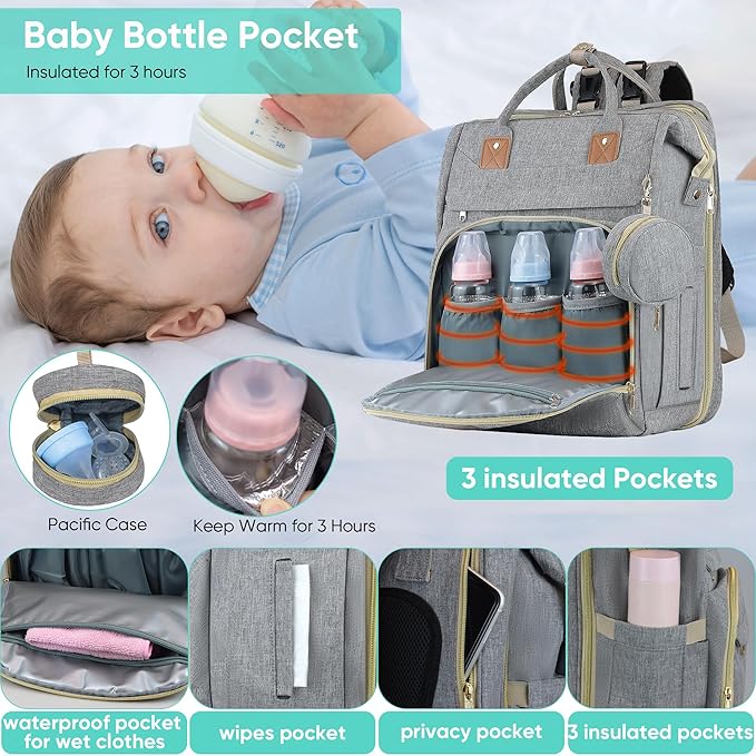Diaper Bag Backpack for Mom and Dad, Large Capacity Baby Travel Bag with USB Charging Port, Waterproof Foldable Baby Bag for Boys and Girls, Stylish Maternity Backpack for Travel & Hospital,Grey