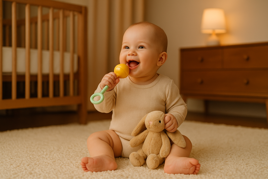 Baby smiling while playing with a yellow rattle and holding a plush bunny in a warm, softly lit nursery with wooden furniture.
