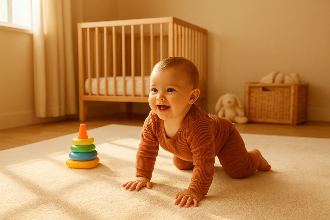 Baby happily crawling on a soft cream play mat in a warm sunlit nursery, surrounded by wooden furniture and a colorful stacking toy.