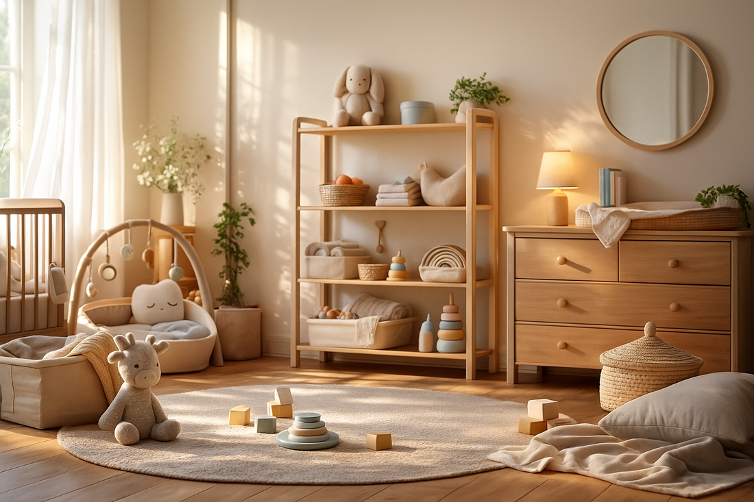 “A bright and cozy play corner with soft toys, wooden blocks, and natural light — GrowBright Baby”