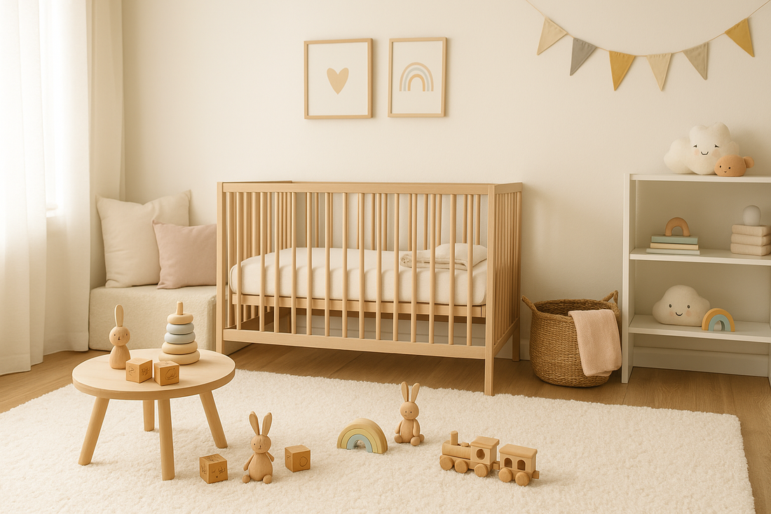“A bright, cozy nursery with wooden toys, a neutral-tone crib, soft rugs, and natural sunlight creating a calm and inviting baby play space — GrowBright Baby”