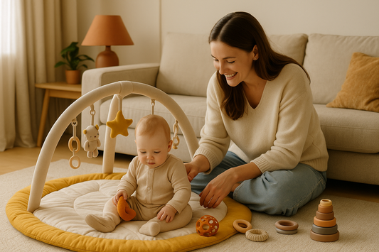 A mother playing with her baby on a cozy activity playmat in a warm, sunlit living room, creating joyful everyday moments.