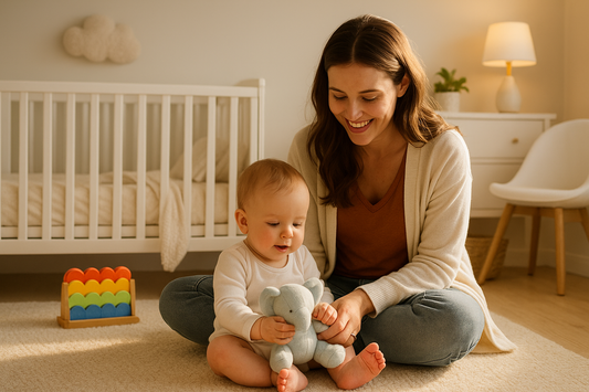 A mother and her baby sitting on a soft rug in a warm, sunlit nursery, enjoying a calm morning bonding moment.