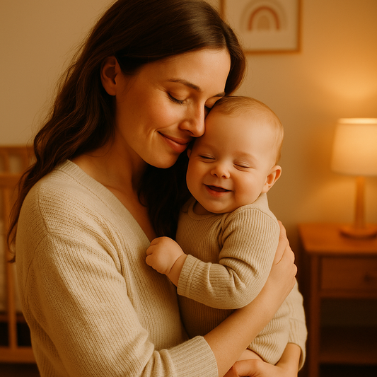 Mother warmly holding her smiling baby in a cozy nursery with soft warm lighting, creating an emotional bonding moment filled with comfort and affection.