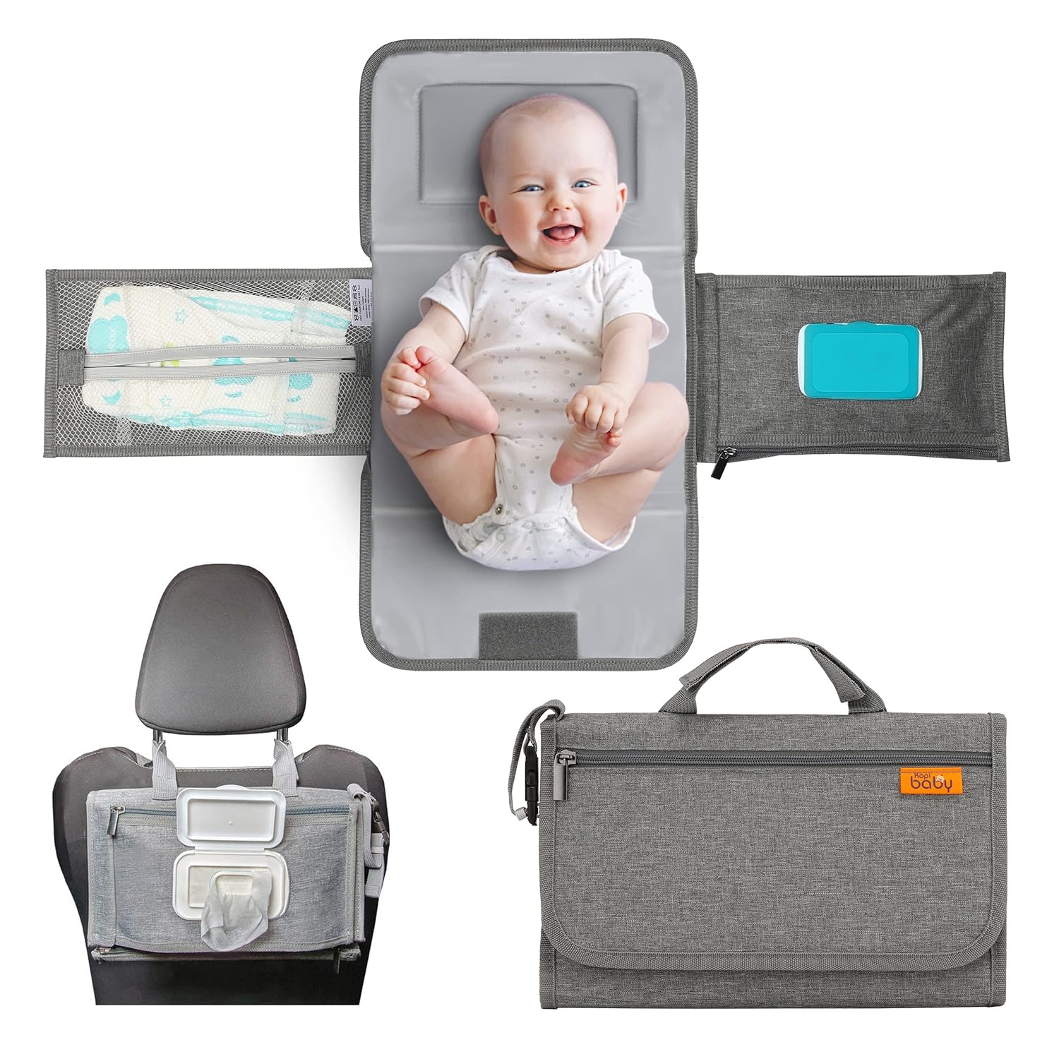 Baby travel essentials including diaper bags, stroller accessories, and portable pads arranged neatly for an outing.