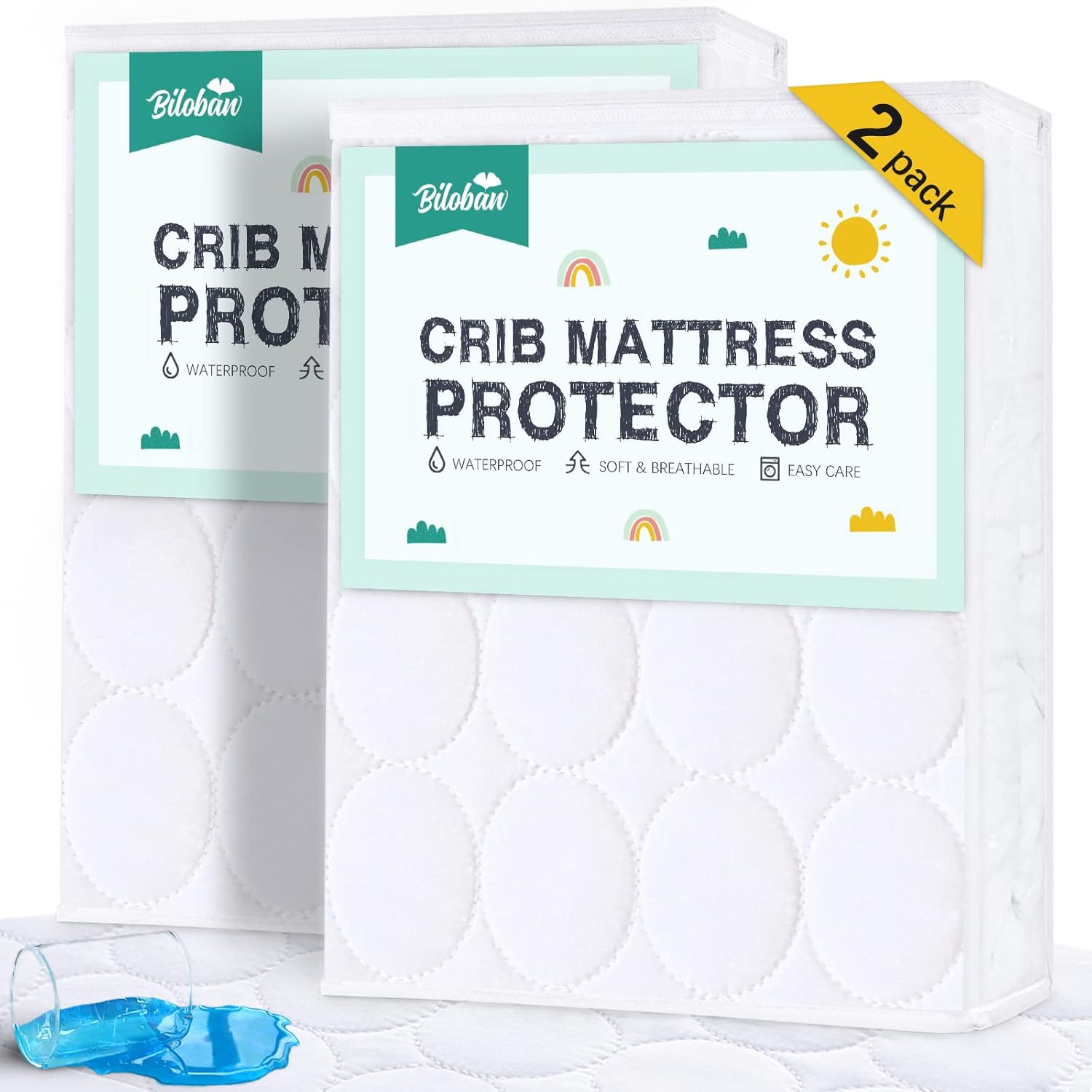 Fitted baby crib sheets and waterproof mattress protectors displayed on a clean nursery crib.