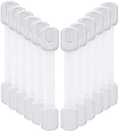 12 Pack Vkania Baby Proofing Cabinet Strap Locks - Child Safety Drawer Cupboard Oven Refrigerator Adhesive Locks - Adjustable Toilets Seat Fridge Latches - Kids Proof Kit - No Drilling
