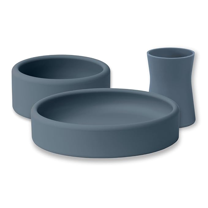 APLAINR Silicone Plate, Bowl & Cup Set for Babies and Toddlers, Weighted, Baby Feeding Set, Baby Led Weaning Supplies, Set of 3, Blue Hour