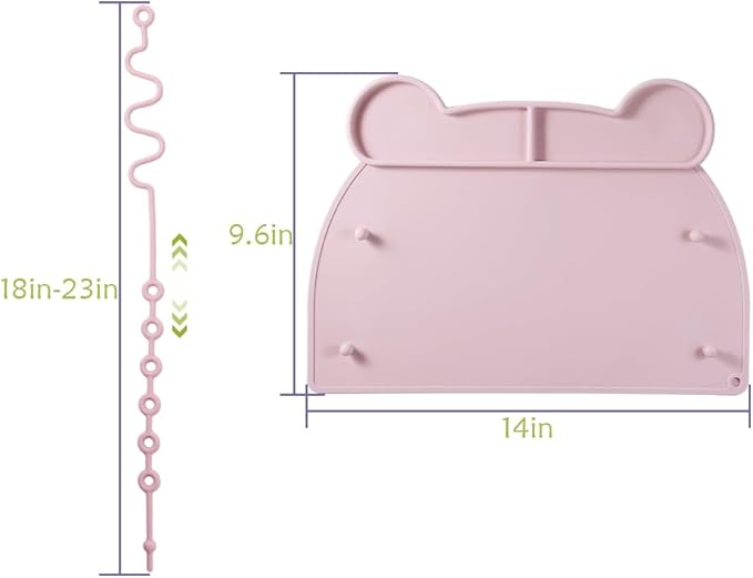 Picowe 2 Pack Silicone Suction Placemats for Babies with 8 Elastic Straps, Non-Slip Toddler Placemats for Dining Table, High Chair, Restaurant Use - Pink & Green